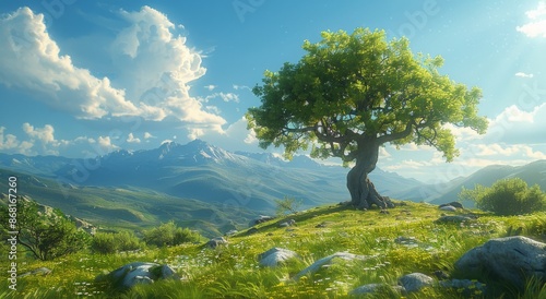 A Single Tree Stands Tall in a Lush Green Valley With Mountains in the Distan...