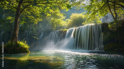A tranquil waterfall in a forest glade, with sunlight filtering through the trees and illuminating the water