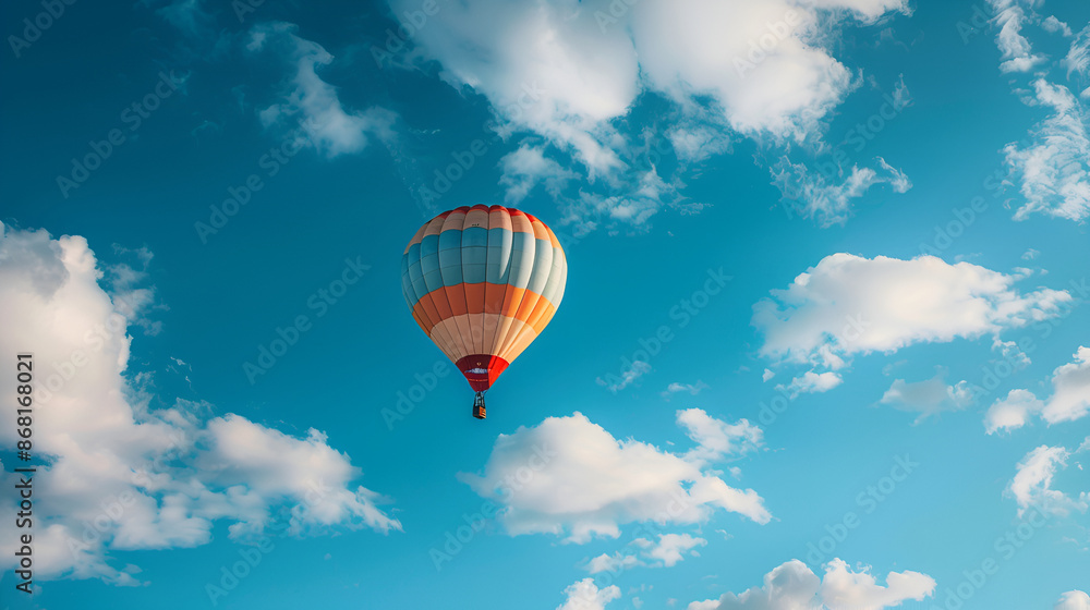Naklejka premium Multicolored, large balloons against the blue sky, Travel concept, dream, new emotions, travel agency, Hot air balloon flying high in the blue sky, 3d rendering, hot air balloon in blue sky