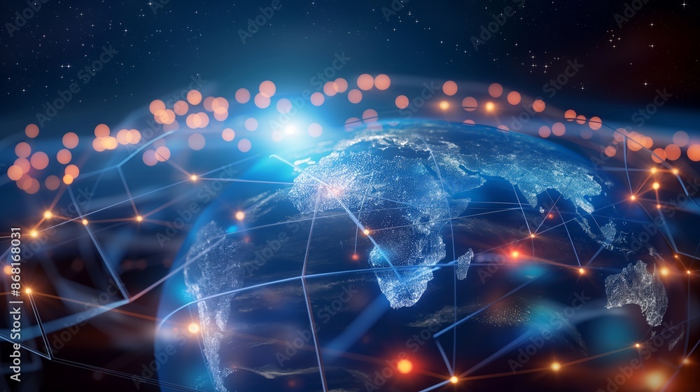Obraz premium Abstract digital world map, concept of global network and connectivity on Earth, data transfer and cyber technology, information exchange and international telecommunication