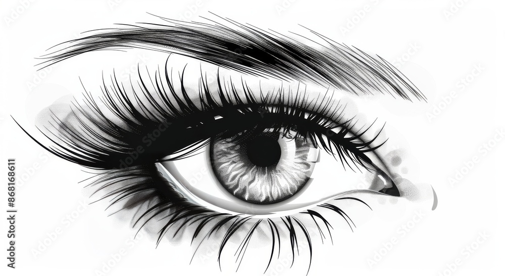 Fototapeta premium A Detailed Black And White Drawing Of A Womans Eye With Bold Eyeliner