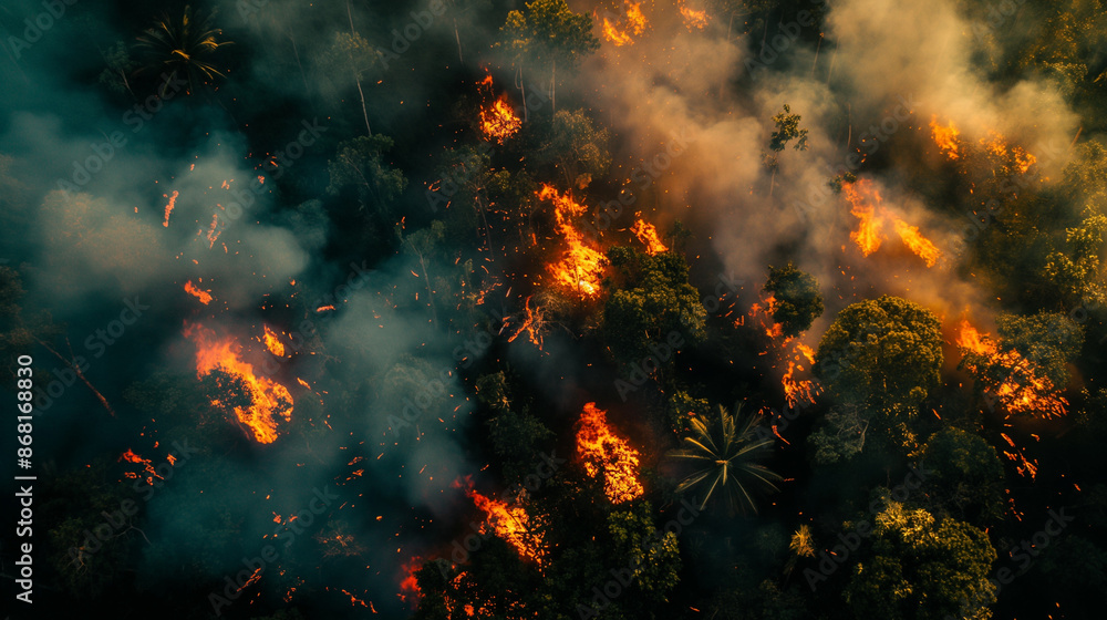 Forest fire filled with flames and smoke aerial view Forest fire filled with flames and smoke aerial view