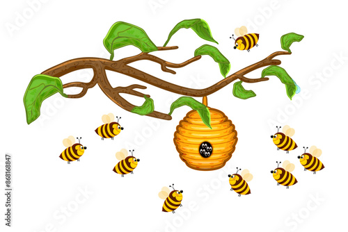 Beehive hanging on tree branch isolated on white background. Swarm of wild bees and hive. Cute honey bees and their yellow house in forest. Stock vector illustration