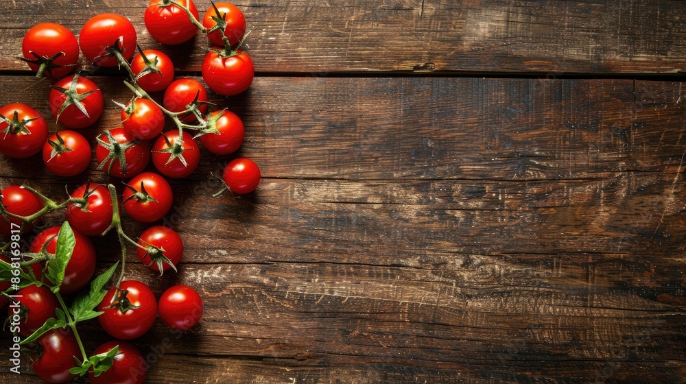 Top view of cherry tomatoes on wooden table with space for text Top view of cherry tomatoes on wooden table with space for text