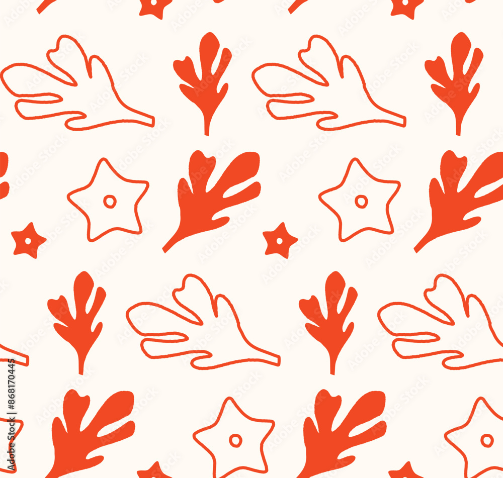 Fototapeta premium Seamless vector pattern featuring hand-drawn seaweed and starfish. Perfect for kitchen covers, fabrics, wallpapers, wrapping papers, and textiles. This marine design adds a fun touch to any project.