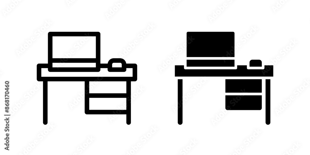 Workspace icon. Office desk vector illustration. Workplace symbol. Laptop at the table sign. Office furniture silhouette. Workspace icon. Office desk vector illustration. Workplace symbol. Laptop at the table sign. Office furniture silhouette.