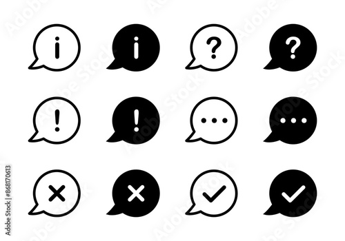 Chat bubble icon set. Question symbol. Checkmark agree message vector illustration. Deny cross mark decline sign. Info button. Attention pictogram. Chatting emotions. Exclamation icon.