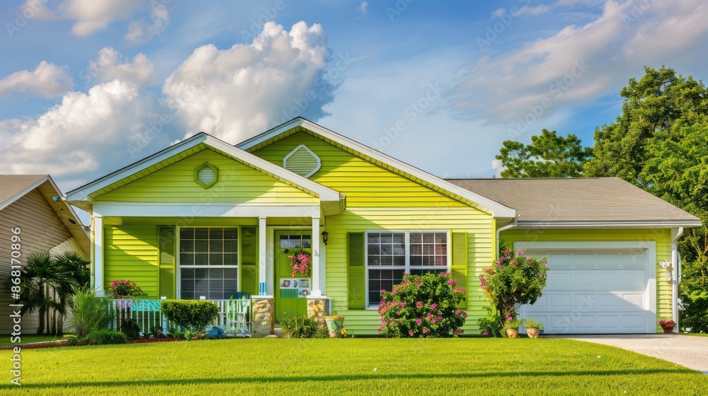 suburban home with lime green Bahama shutters, adding a pop of color to the neighborhood suburban home with lime green Bahama shutters, adding a pop of color to the neighborhood