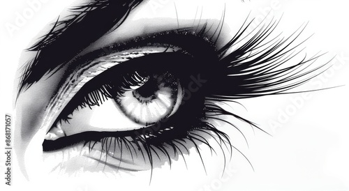 A Detailed Black And White Drawing Of A Womans Eye With Bold Eyeliner