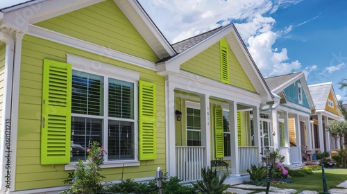 suburban home with lime green Bahama shutters, adding a touch of whimsy to the neighborhood