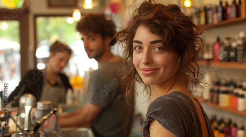 Friendly barista smiling at a coffee shop, with two coworkers in the background, creating a warm and welcoming atmosphere.