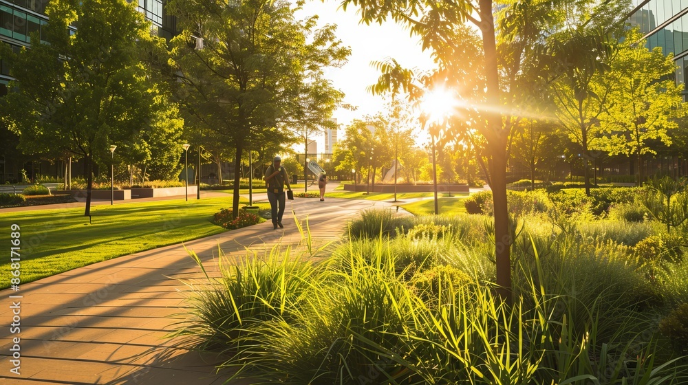 Obraz premium Urban Gardening Bliss: Person Planting Amid Modern City Park Landscaping