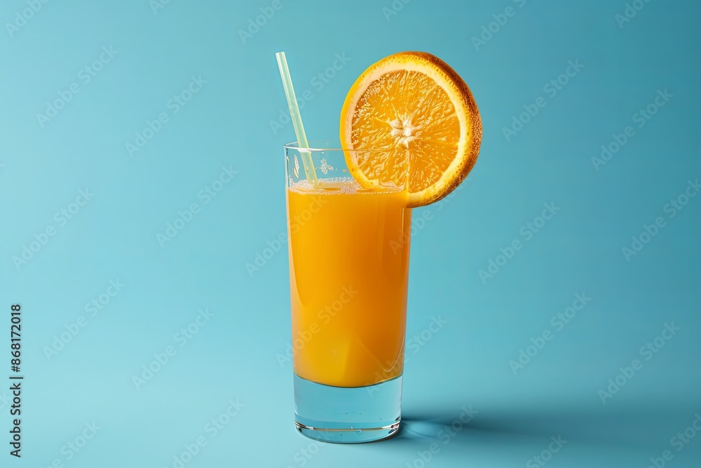 A glass of orange juice with a straw and an orange slice on a blue background. Generative AI A glass of orange juice with a straw and an orange slice on a blue background. Generative AI