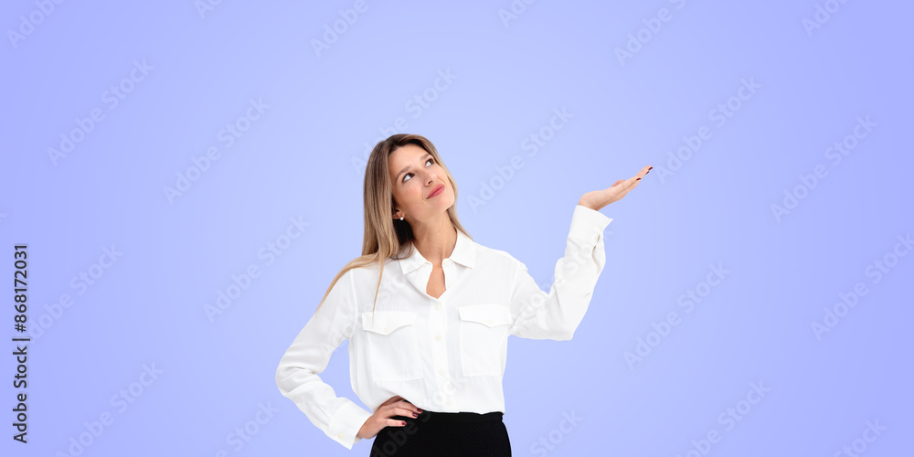 Businesswoman in white shirt, thinking, hand raised, light blue background, concept of pondering Businesswoman in white shirt, thinking, hand raised, light blue background, concept of pondering