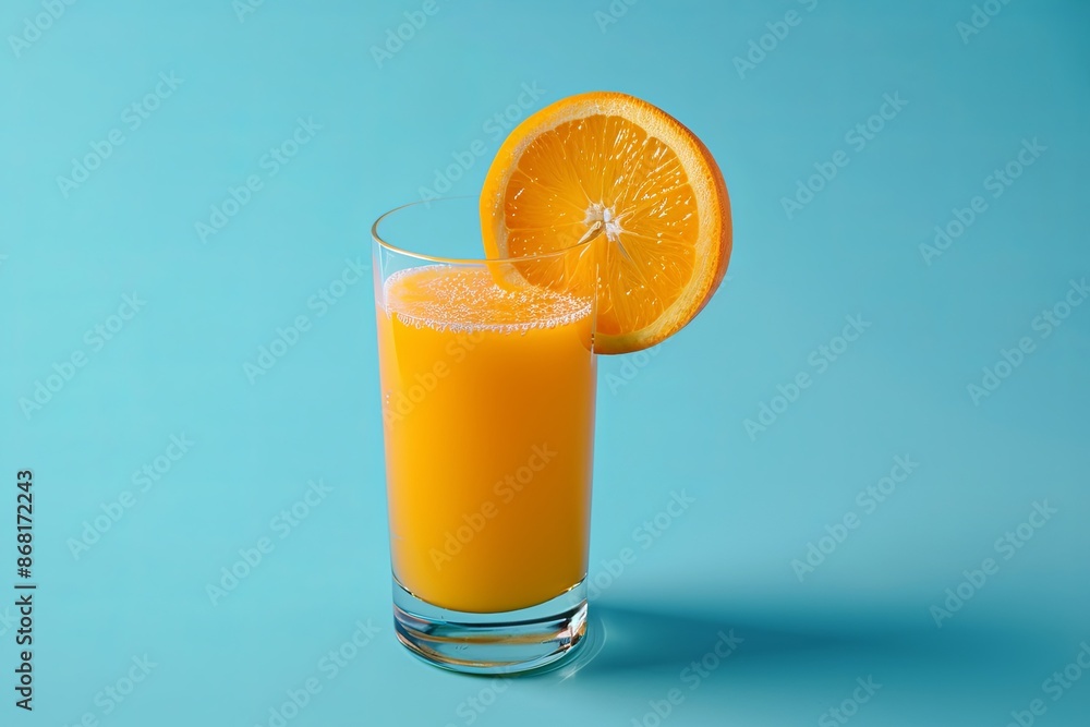 A glass of fresh orange juice with an orange slice on the rim, against a light blue background. Generative AI A glass of fresh orange juice with an orange slice on the rim, against a light blue background. Generative AI