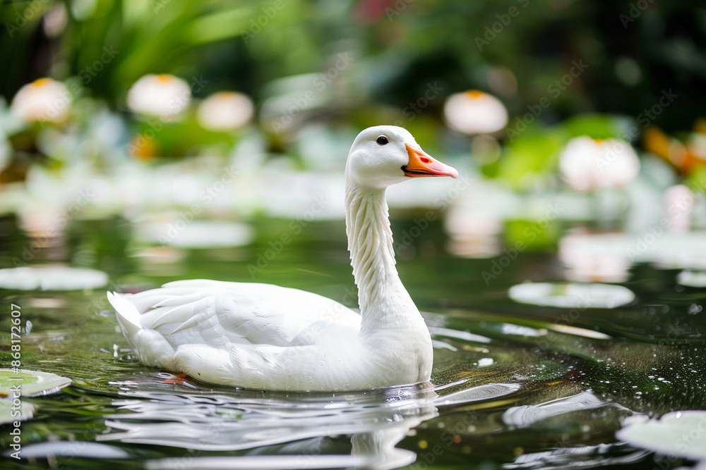 White goose swimming in the pond at a garden. White goose swimming in the pond at a garden.