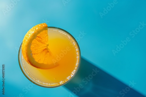 A glass of orange juice with an orange slice garnish, photographed from above on a bright blue background. Generative AI photo