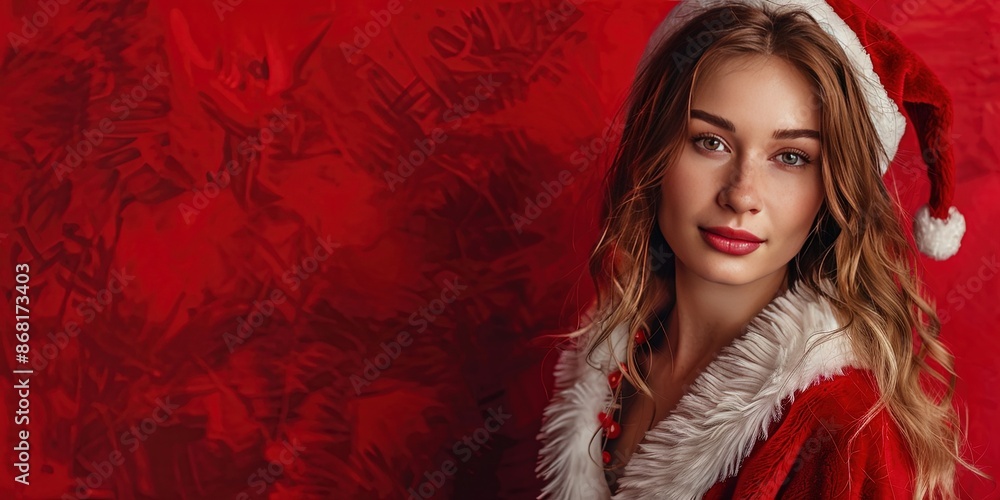Young beautiful woman dressed in Santa hat and suit with red copy space for 2024 Christmas holiday season Young beautiful woman dressed in Santa hat and suit with red copy space for 2024 Christmas holiday season