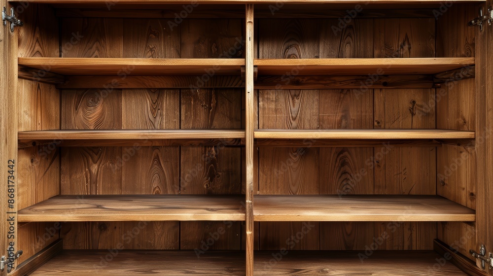 Open wooden cupboard showing the interior shelves and wood grain Open wooden cupboard showing the interior shelves and wood grain