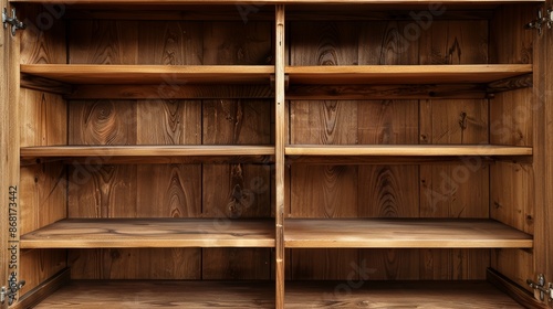 Open wooden cupboard showing the interior shelves and wood grain