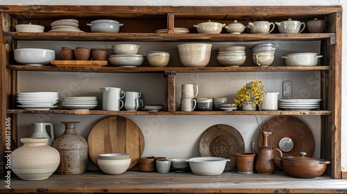 Open wooden cupboard displaying kitchenware on the shelves