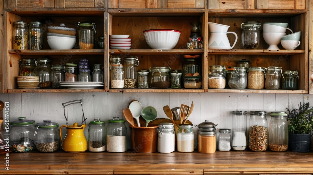 Open wooden cupboard displaying organized kitchen items Open wooden cupboard displaying organized kitchen items
