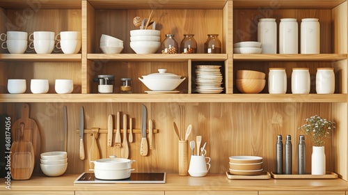 Open wooden cupboard displaying organized kitchen items