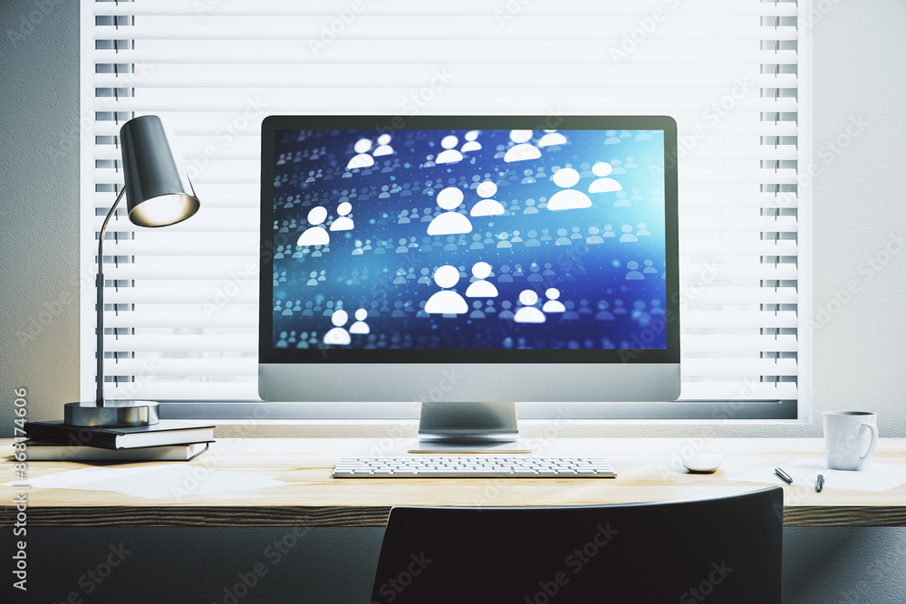 Social network concept on modern laptop screen. 3D Rendering