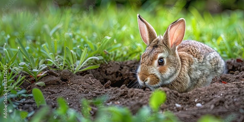 Fototapeta premium bunny rabbit digs hole in the grass lawn