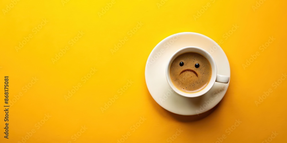 Closeup coffee cup with sad face drawn on coffee, top view angle on isolated yellow background, coffee cup Closeup coffee cup with sad face drawn on coffee, top view angle on isolated yellow background, coffee cup