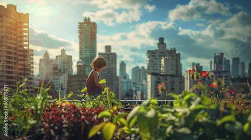 Urban Gardening on Rooftop with Cityscape: Sustainable Living in the City