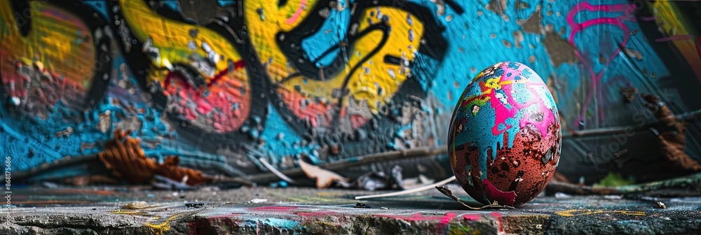 Fototapeta premium Graffiti painted easter egg - street art mural style