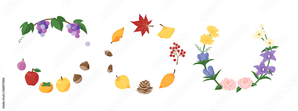 Obraz premium 秋の実り、紅葉、秋の花の飾り枠・手描き
