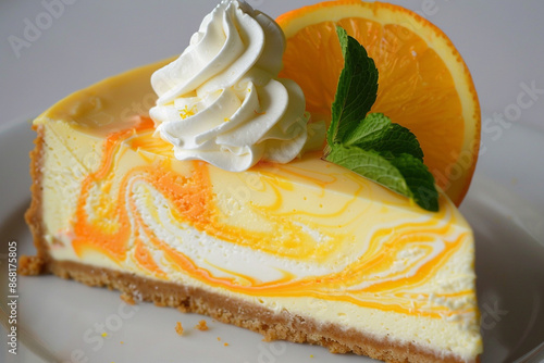 a slice of orange marbled cheesecake with vibrant orange and yellow white swirls in the frosting.