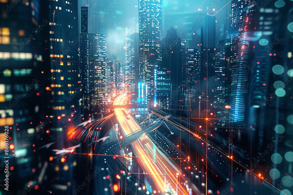 Digital cityscape with futuristic network connection. Technology concept. Digital cityscape with futuristic network connection. Technology concept.