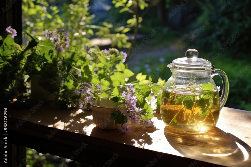 Garden Serenity: Photograph a herbal tea or infused water with a tranquil village garden. Garden Serenity: Photograph a herbal tea or infused water with a tranquil village garden.