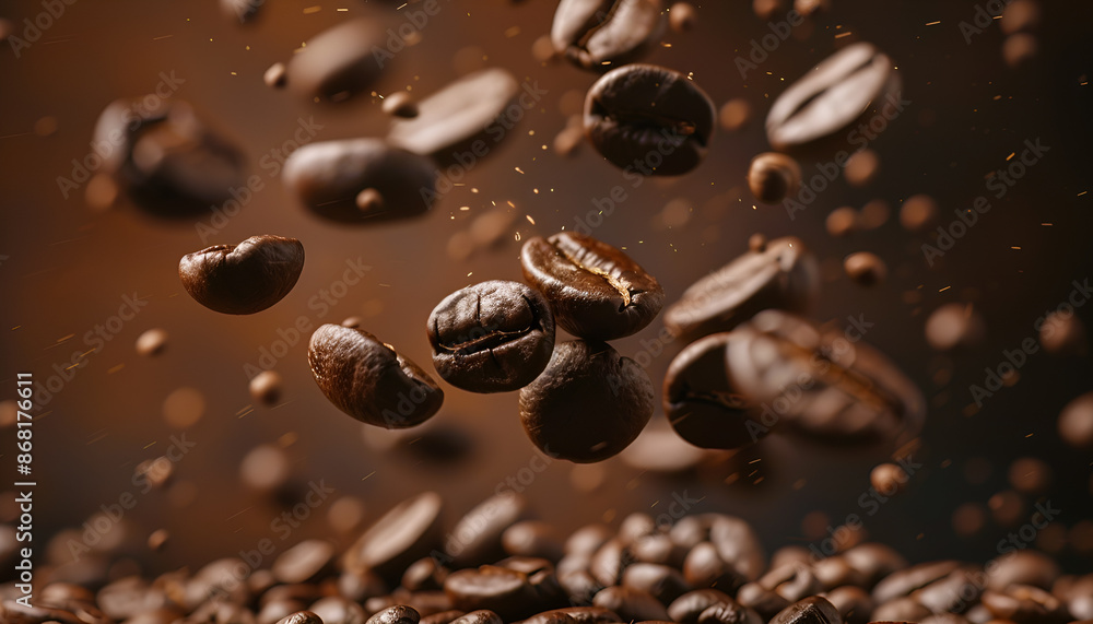 Roasted coffee beans falling on heap against brown background, closeup Roasted coffee beans falling on heap against brown background, closeup