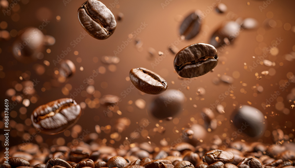 Roasted coffee beans falling on heap against brown background, closeup Roasted coffee beans falling on heap against brown background, closeup