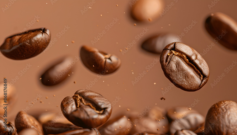 Roasted coffee beans falling on heap against brown background, closeup Roasted coffee beans falling on heap against brown background, closeup