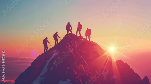 Sunset in mountains and team