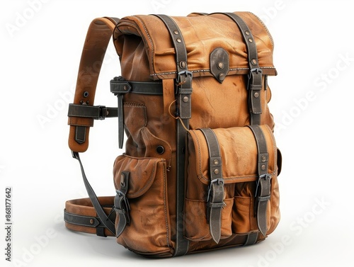 A travel backpack with multiple compartments, white background