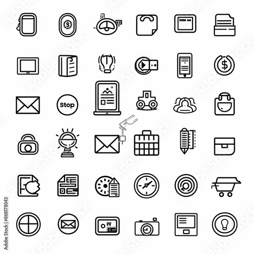 A simple set of vector thin line icons, featuring symbols for Business, Marketing, Shopping, Banking, E-commerce, SEO, Technology, Medical, Education, Web Development, and more. This linear pictogram 