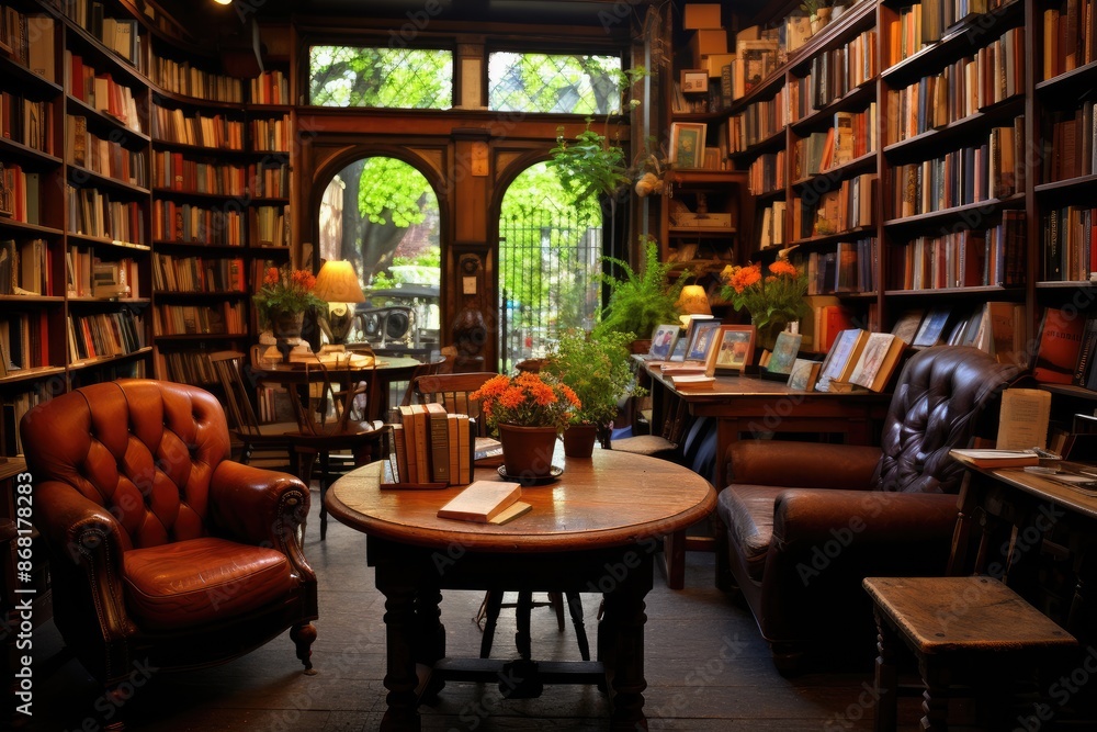 Obraz premium Bookish Bliss: Highlight a cozy drink with a charming village bookstore or library. 
