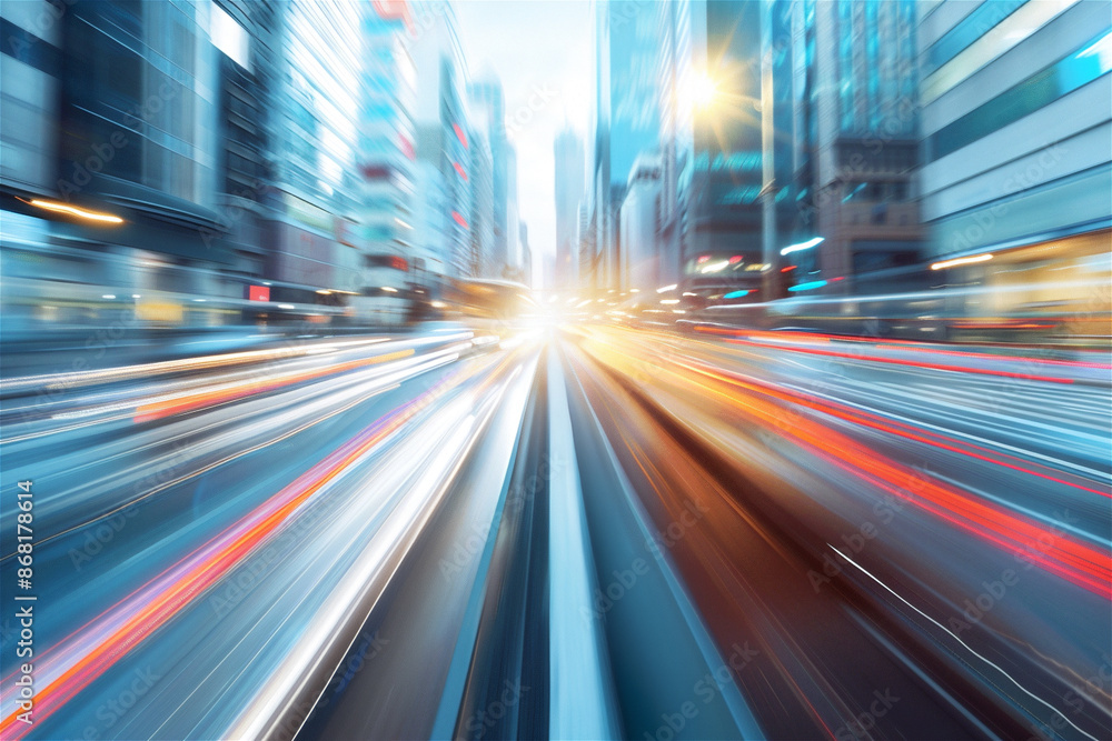 Abstract motion city with traffic. Light trails on the modern town city with skyscrappers at the background. Blurred in motion effect Abstract motion city with traffic. Light trails on the modern town city with skyscrappers at the background. Blurred in motion effect