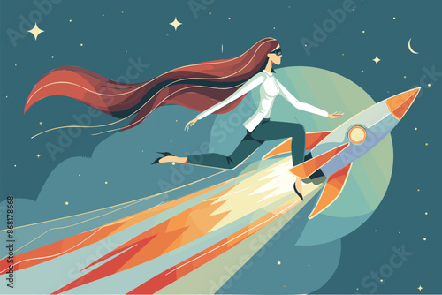 Confident businesswoman entrepreneur riding rocket, successful startup and professional management concept