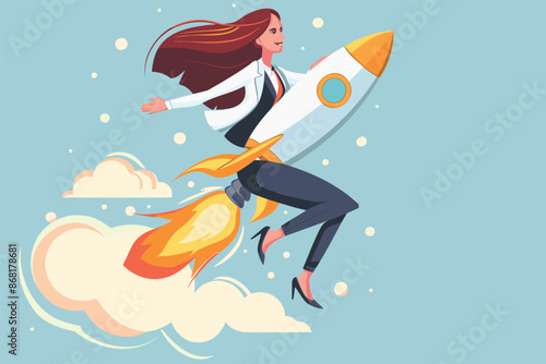 Confident businesswoman entrepreneur riding rocket, successful startup and professional management concept