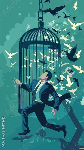 Confident businessman breaking free from toxic desk birdcage, representing quitting exhausting jobs to pursue new opportunities or retirement