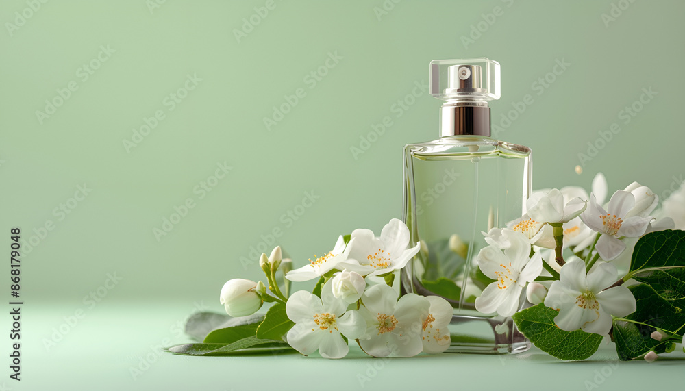 Presentation of aromatic perfume in bottle and beautiful jasmine flowers against pale green background, space for text Presentation of aromatic perfume in bottle and beautiful jasmine flowers against pale green background, space for text