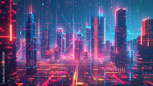 Wallpaper Mural Glowing Cyberpunk Metropolis - Abstract Futuristic Cityscape with Neon Lights and Digital Skyscrapers for Background Design Torontodigital.ca