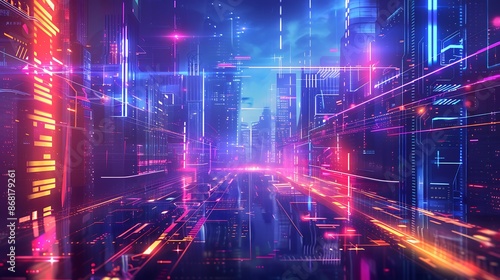 Wallpaper Mural Futuristic Cyberpunk Cityscape: Abstract Neon Lights and Glitches Torontodigital.ca